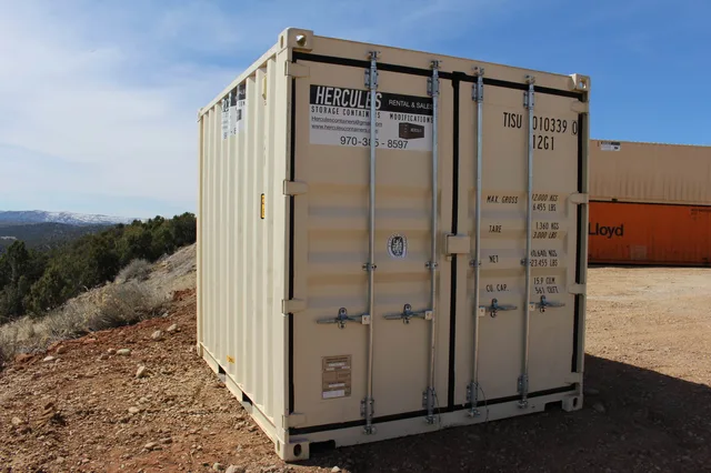 Compact 10-foot storage container with steel construction at Hercules yard in Durango