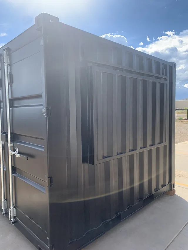 Container showing custom ventilation grille and weather hood