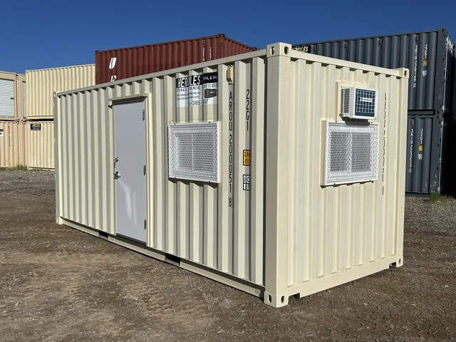Exterior view of a completed 20-foot office container at Hercules yard