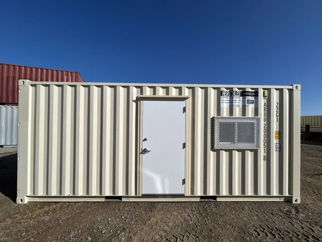 20-foot office container conversion showing exterior windows and door at Hercules