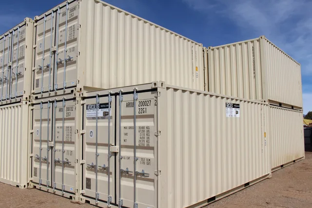 Container door hinge detail showing heavy-duty galvanized hardware