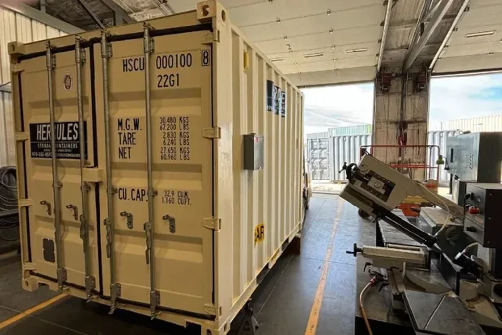 Container side view showing heavy-gauge corrugated steel construction